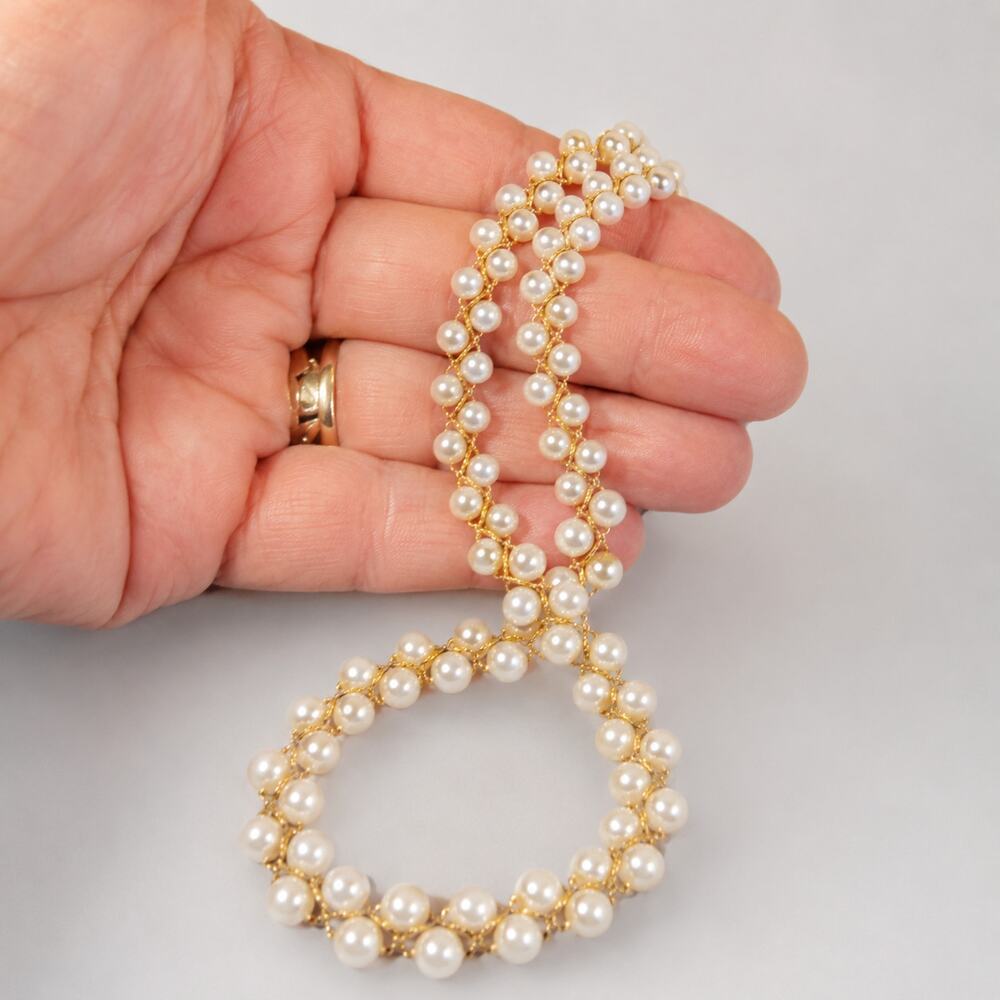 Vintage Faux Pearl Woven Necklace Serpentine Chain Satin‎ White 18" wh4-31